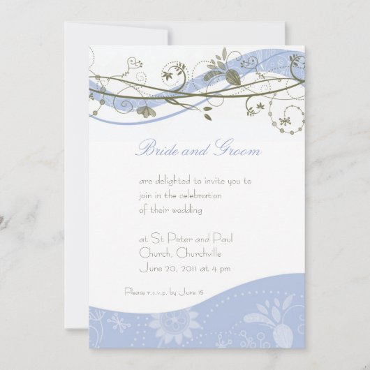 抽象的な花柄及び渦巻の招待-青及び茶色 招待状 (正面)