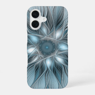 抽象的な花 フラクタル 青灰色のモダンアート iPhone 16ケース