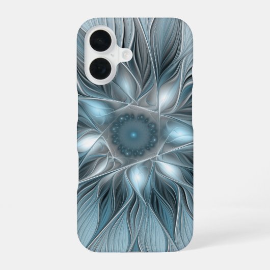 抽象的な花 フラクタル 青灰色のモダンアート iPhone 16ケース (裏面)