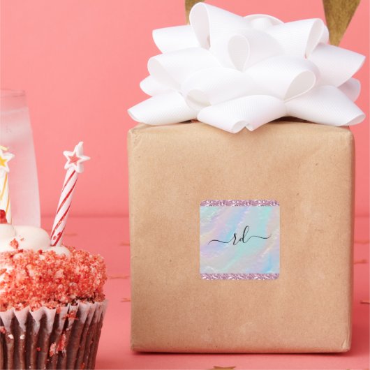 抽象的な虹のテクスチャとピンクのクリスタル スクエアシール (パーティー)