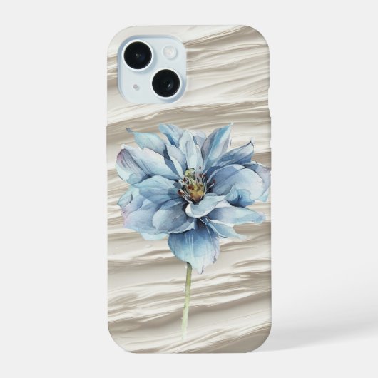 抽象的な象牙色のテクスチャー上の青い花 iPhone 15ケース (裏面)