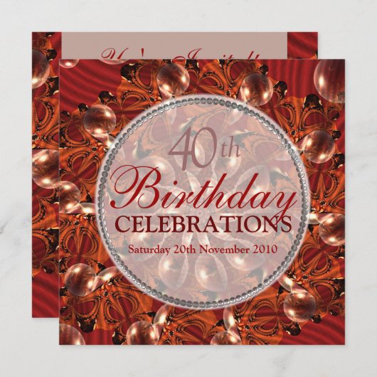 抽象的な赤い蝶と泡の誕生日 招待状 (正面/裏面)