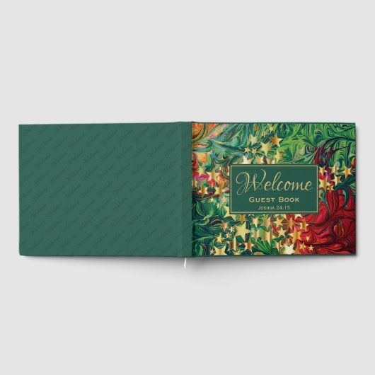抽象的な赤と緑と金の星のカスタマイズされたウェルカムメッセージ ゲストブック (全面)