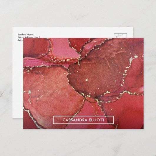 抽象的な赤と金のマーブル模様のアルコールインク液体アート ポストカード (正面/裏面)