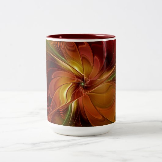 抽象的な赤オレンジ茶色緑のフラクタルアートの花 ツートーンマグカップ (中央)