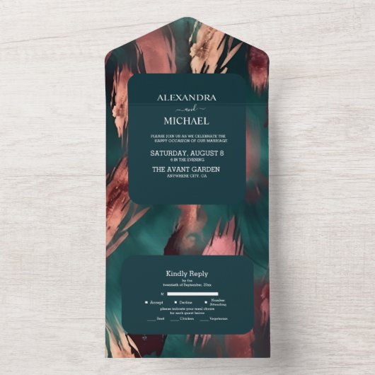 抽象的な銅の濃い緑とほこりっぽいピンクのウェディング オールインワン招待状 (内側)
