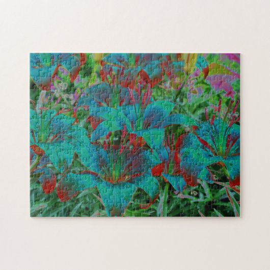 抽象的な青いユリの雨滴花アート ジグソーパズル (横)