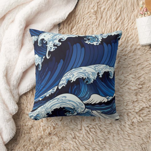 抽象的な青い海の波 日本風アートワーク | クッション (ブランケット)