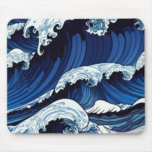 抽象的な青い海の波 日本風アートワーク | マウスパッド (正面)