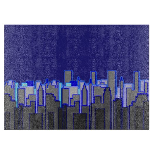 抽象的な青い都市のスカイラインアート カッティングボード (正面)