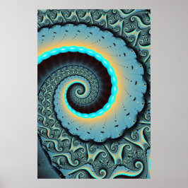 抽象的な青とターコイズとオレンジのフラクタルアート渦巻き ポスター