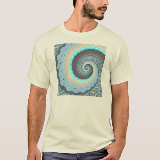 抽象的な青とターコイズオレンジのフラクタルアート渦巻き Tシャツ (正面)
