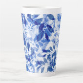 抽象的な青と白の葉 カフェラテマグ (正面)