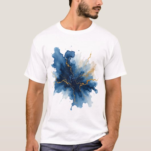 抽象的な青と金のインクの飛沫 Tシャツ (正面)