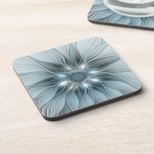 抽象的な青みがかった灰色の花のフラクタル Joyful Flower コースター (左側)