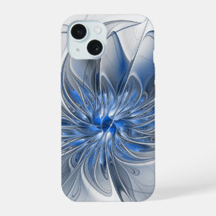 抽象的な青灰色の水彩フラクタルアートフラワー iPhone 15ケース