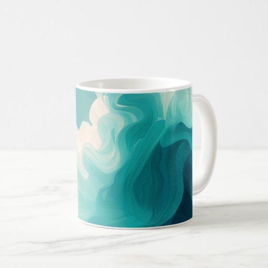 抽象的な青緑と白の流れる波 コーヒーマグカップ (正面右)