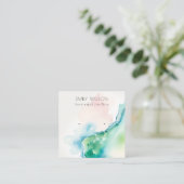 抽象的な青緑のぼかしウォーターカラー瑪瑙イヤリング スクエア名刺 (スタンド正面)