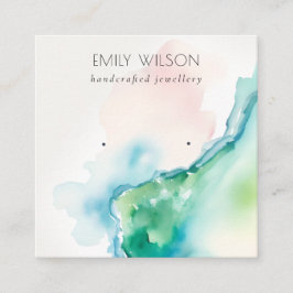 抽象的な青緑のぼかしウォーターカラー瑪瑙イヤリング スクエア名刺