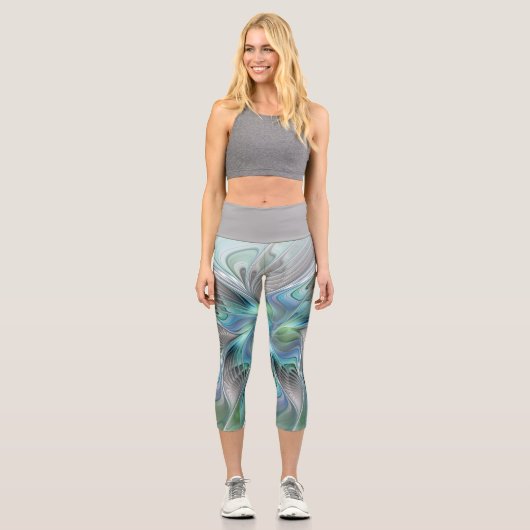 抽象的な青緑の蝶のファンタジーフラクタルアート カプリレギンス (正面)