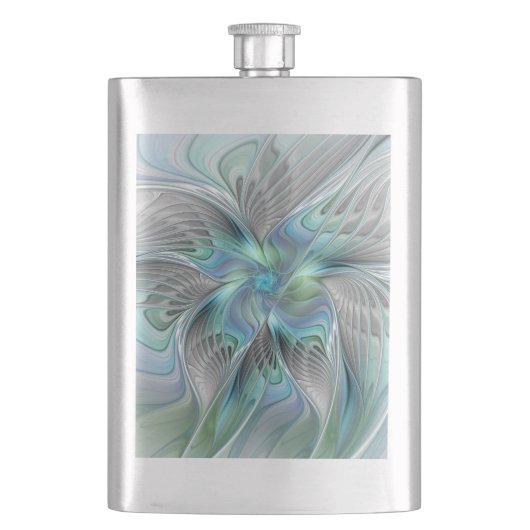 抽象的な青緑の蝶のファンタジーフラクタルアート フラスク (正面)