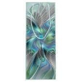 抽象的な青緑の蝶のファンタジーフラクタルアート ワインギフトバッグ (裏面)