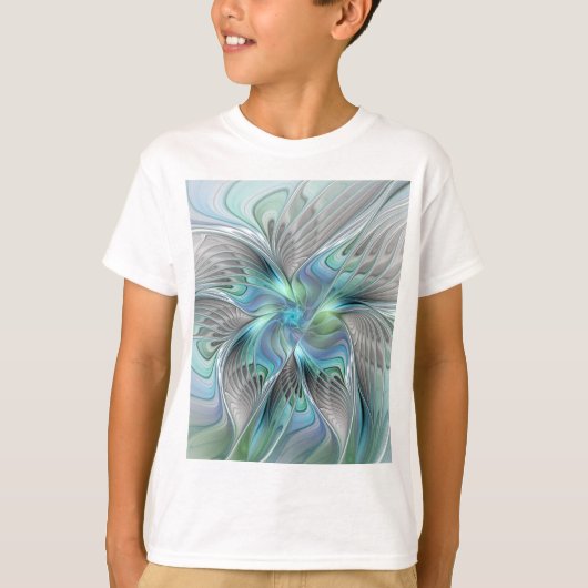抽象的な青緑の蝶の幻想的なフラクタルアート Tシャツ (正面)