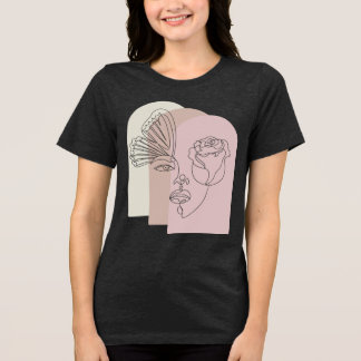 抽象的な顔のアートTシャツ ローズと蝶のデザイン -  トライブレンドＴシャツ