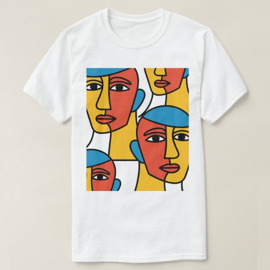 抽象的な顔のプリント、鮮やかな幾何学アート Tシャツ (デザイン正面)