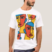 抽象的な顔のプリント、鮮やかな幾何学アート Tシャツ (正面)