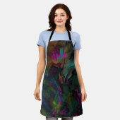 抽象的な黒い液体 アート エメラルドグリーン 紫 エプロン (着用した状態)