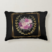 抽象的な黒と金の紫の花の月桂樹の輪 アクセントクッション (正面)