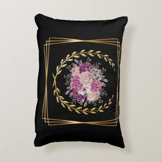 抽象的な黒と金の紫の花の月桂樹の輪 アクセントクッション (裏面(縦))