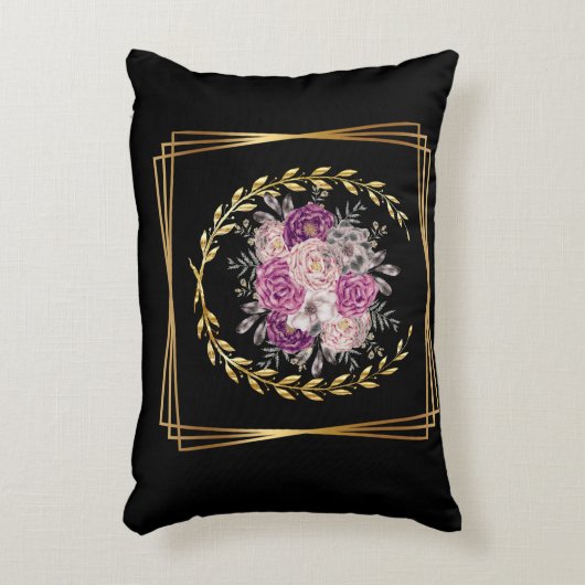 抽象的な黒と金の紫の花の月桂樹の輪 アクセントクッション (正面(垂直))