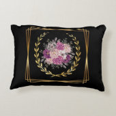 抽象的な黒と金の紫の花の月桂樹の輪 アクセントクッション (裏面)