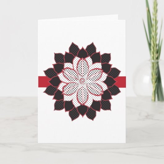 抽象的な黒、白、赤の水玉模様のポインセチア シーズンカード (正面)