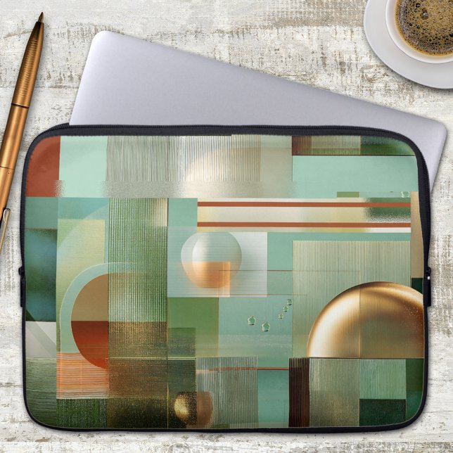 抽象的バウハウス グリーン ゴールド ノートパソコン スリーブ (Laptop sleeve featuring a modern abstract Bauhaus style design in green, teal and gold)