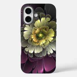 抽象的モダン パープルカーキグレー フラクタルフラワー iPhone 16ケース