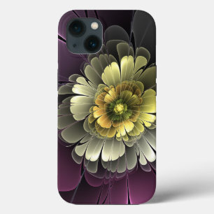 抽象的モダン パープルカーキグレー フラクタルフラワー iPhone 13ケース
