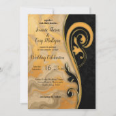 抽象的金ゴールドオンブラック&ミックスマーブル質感 招待状 (正面)