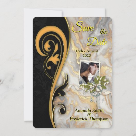 抽象的金ゴールドオンブラック&ミックスマーブル質感 招待状 (正面)