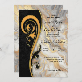 抽象的金ゴールドオンブラック&ミックスマーブル質感 招待状