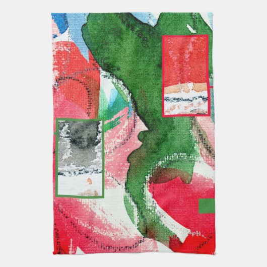 抽象美術のコラージュ、混合メディアおよび水彩画2 キッチンタオル (縦)