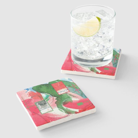 抽象美術のコラージュ、混合メディアおよび水彩画2 ストーンコースター (横)