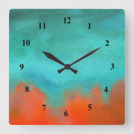 抽象美術の空の火の溶岩の珊瑚のターコイズのオレンジ スクエア壁時計