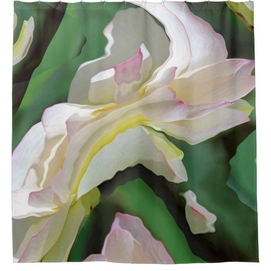 抽象美術の緑および白い花 シャワーカーテン (正面)