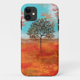 抽象美術の赤い景色の木の元の絵画 iPhone 11 ケース