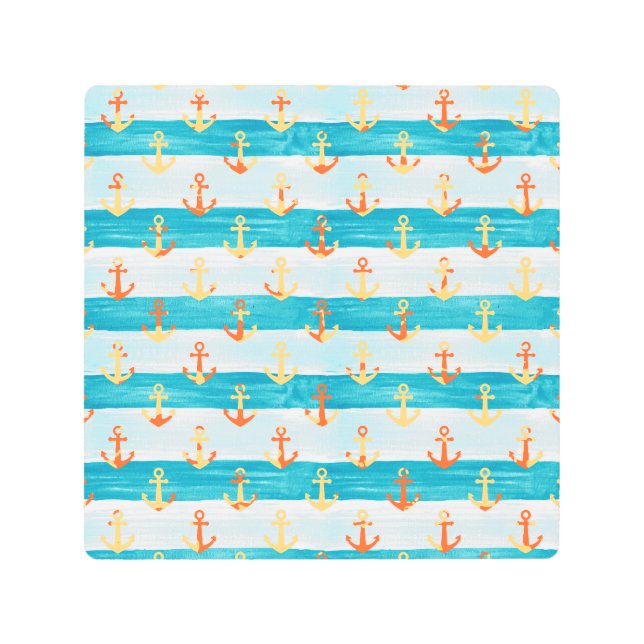 抽象芸術いかり：水色ストライプパターン。 メタルプリント (正面)