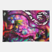 抽象芸術お洒落キティ猫フローラレッドグリーンピンク キッチンタオル (横)