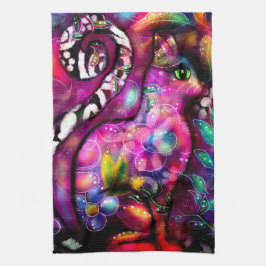 抽象芸術お洒落キティ猫フローラレッドグリーンピンク キッチンタオル